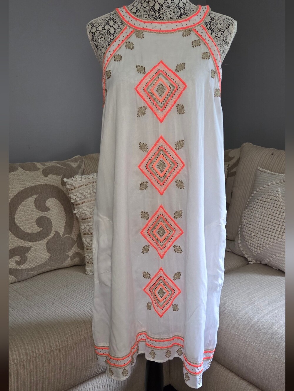 Saks Fifth Avenue White Mini Dress with Neon Coral Embroidery
